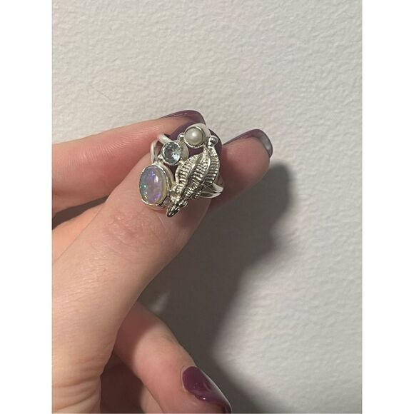 Sterling Silver Silver Ethiopian Opal / Pearl /  Blue Topaz Ring 6 - Picture 4 of 7